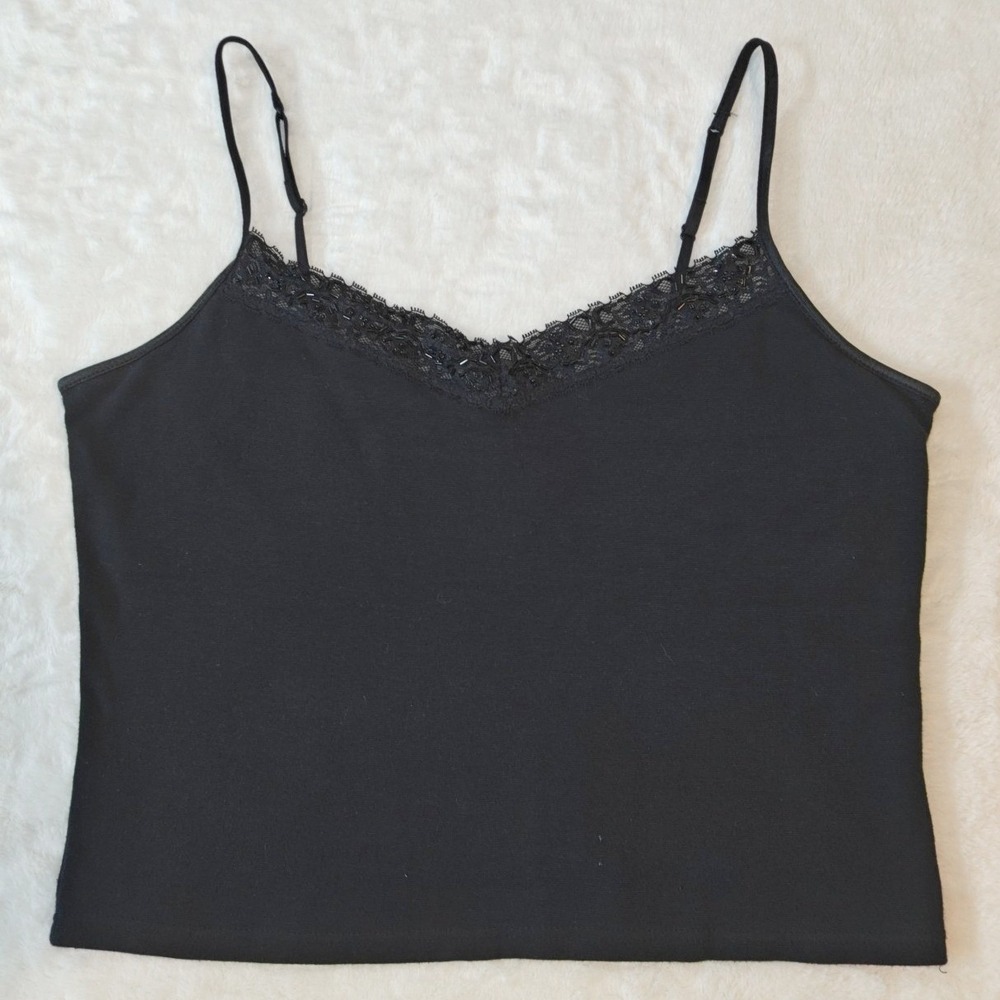 Fashion‎ Bug Tank Top Camisole Lace Beaded Trim Spaghetti Black XL Built In Bra